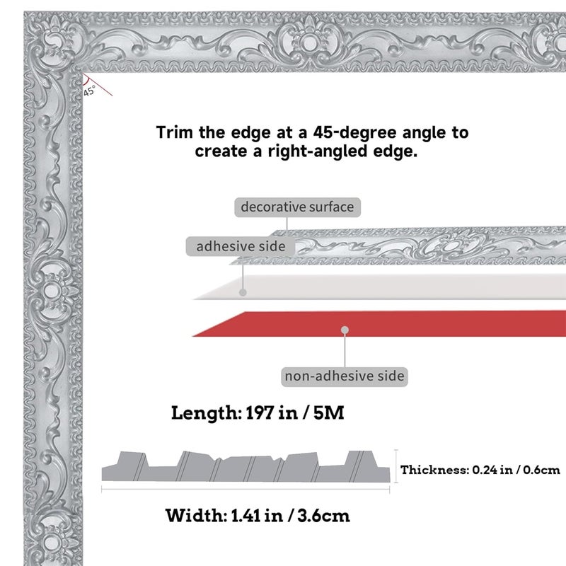 Leenevs Flexible Wall Trim, Self Adhesive Peel and Stick Molding, Cabinet Border, Mirror Frame Trim (Silver) - Image 2